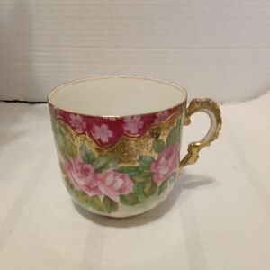 Antique RS Prussia Floral Pink and Green  Teacup with Gold Handle 1870-1890